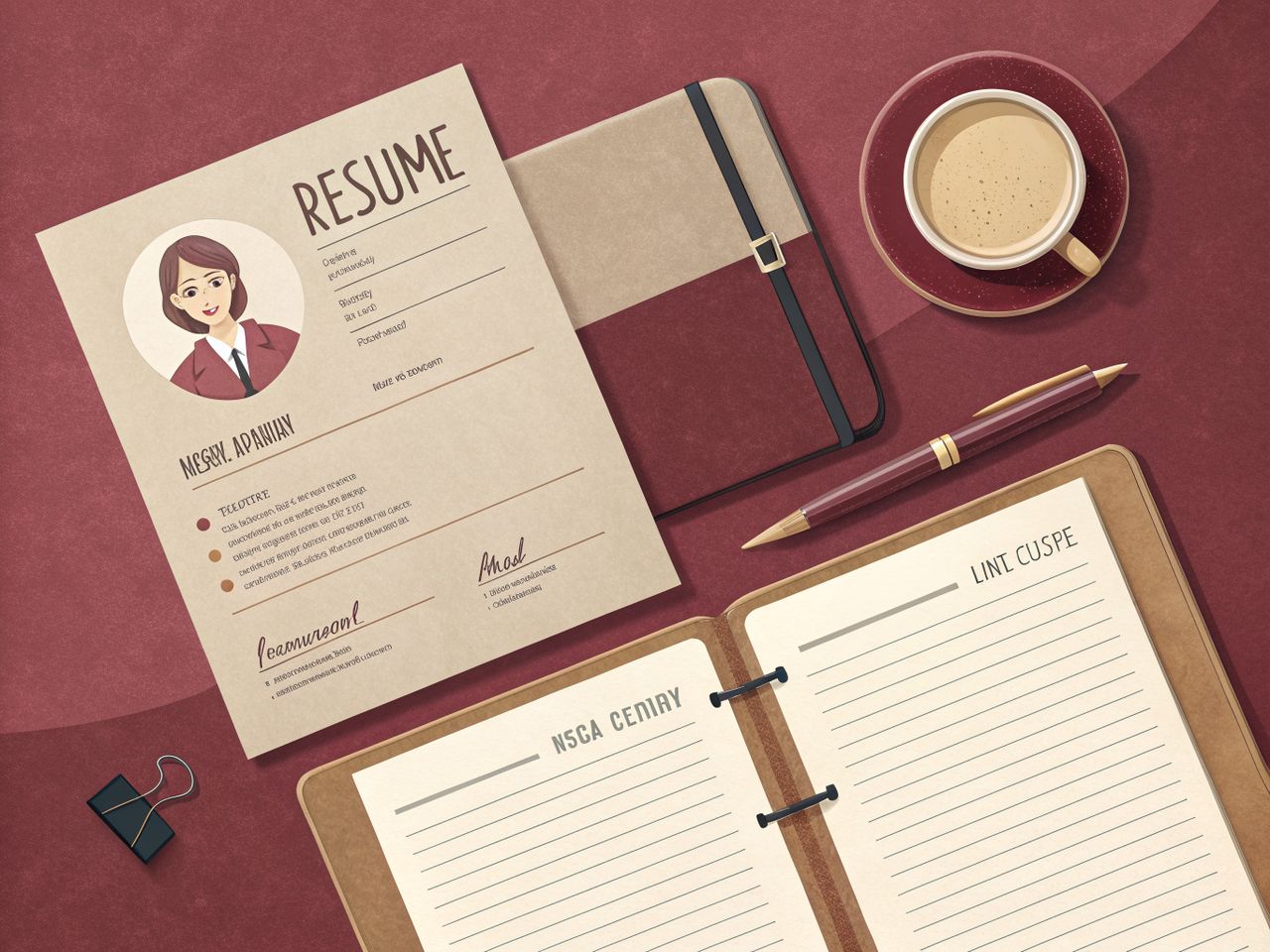 Illustration of a resume, a notebook and a fountain pen on a desk